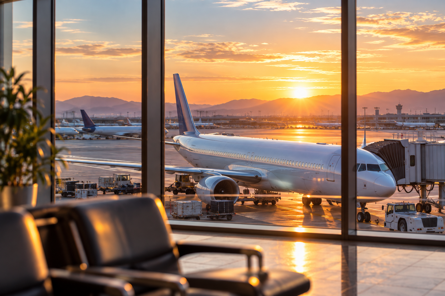 View of an airport tarmac with a plane parked at a gate during sunset, seen through large glass windows. Several other planes and airport ground vehicles are also visible, with mountains and a colorful sky in the background.