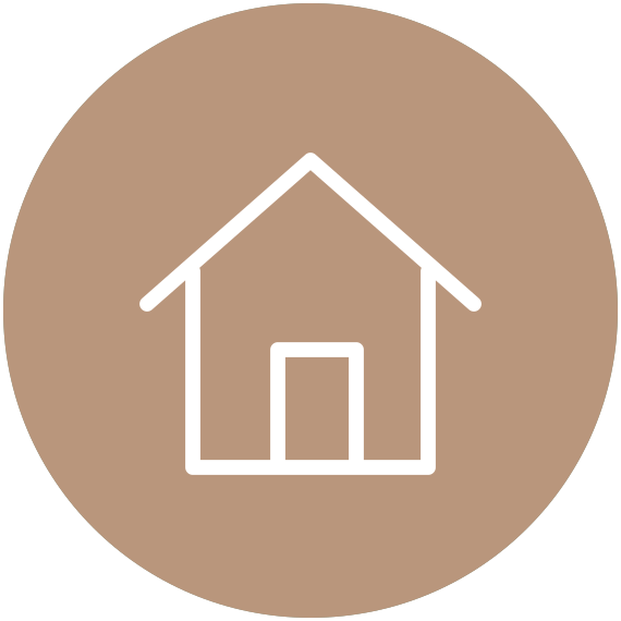 Simple white outline of a house on a brown circular background.
