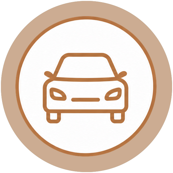Icon of a car within a circular badge with a brown outline.