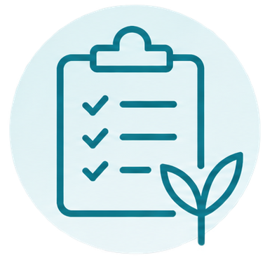 Icon of a clipboard with checkmarks and a leaf at the bottom right.