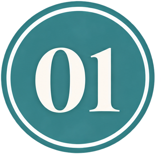 Number one badge with a teal background and white border, displaying the number '01' in large white font.