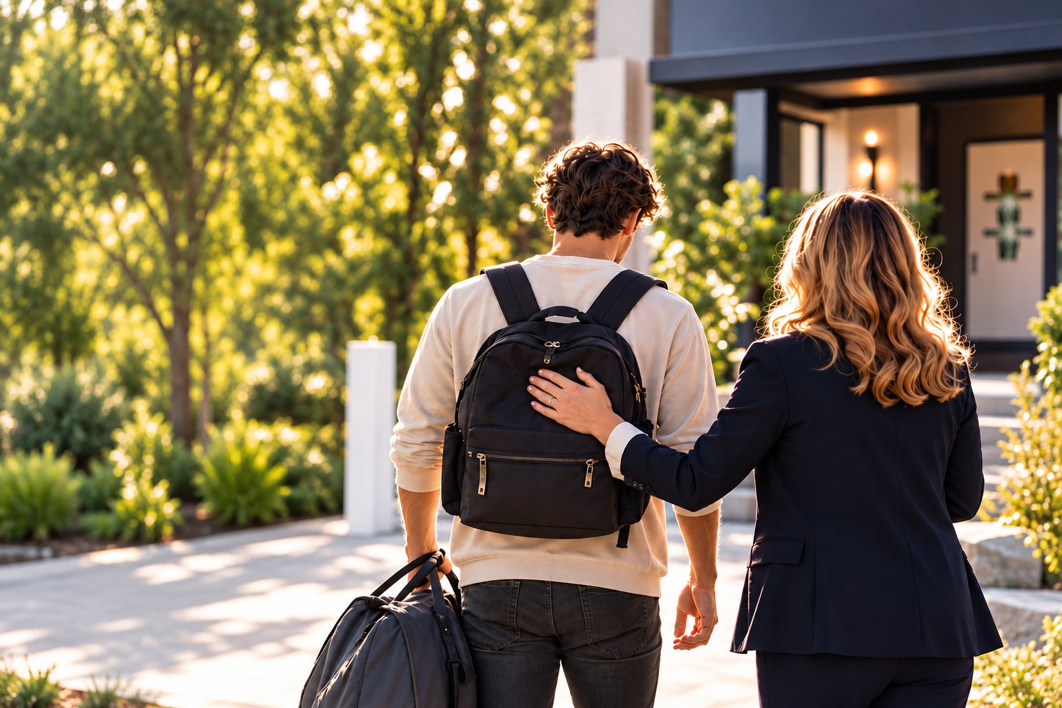 A man and a woman walking to a house, with the woman touching the man's shoulder, during sunset.