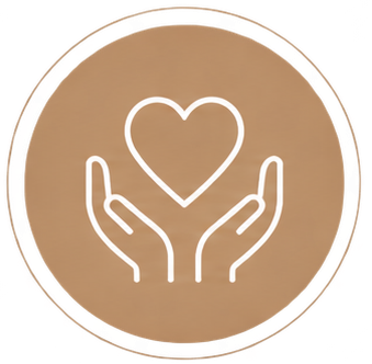 Two hands gently holding a heart symbol, representing care or love, on a beige background with a yellow border.
