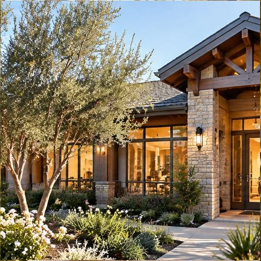 Exterior view of a house with a stone facade, large glass windows, and a landscaped front yard with trees and plants.