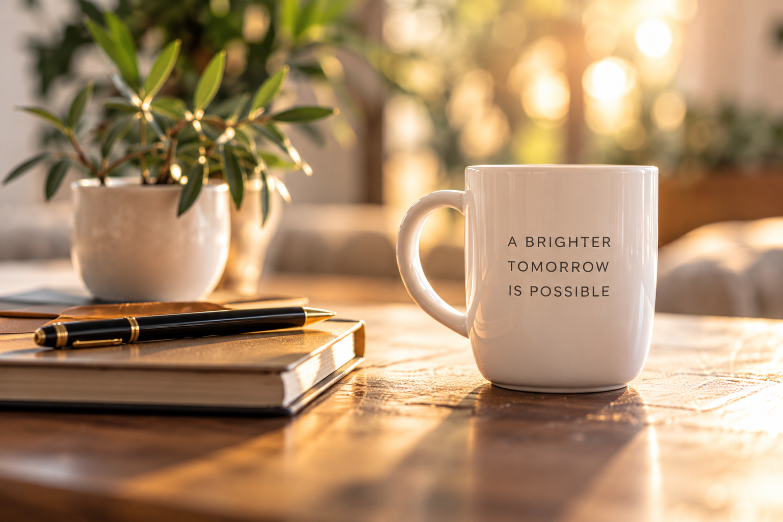 A white mug with the inscription "A brighter tomorrow is possible" sitting on a wooden table next to a closed notebook and a black and gold pen. In the background, there is a potted plant and warm sunlight filtering through a window.