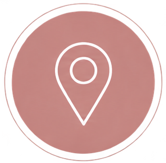 A pink circular background with a white location pin icon in the center.