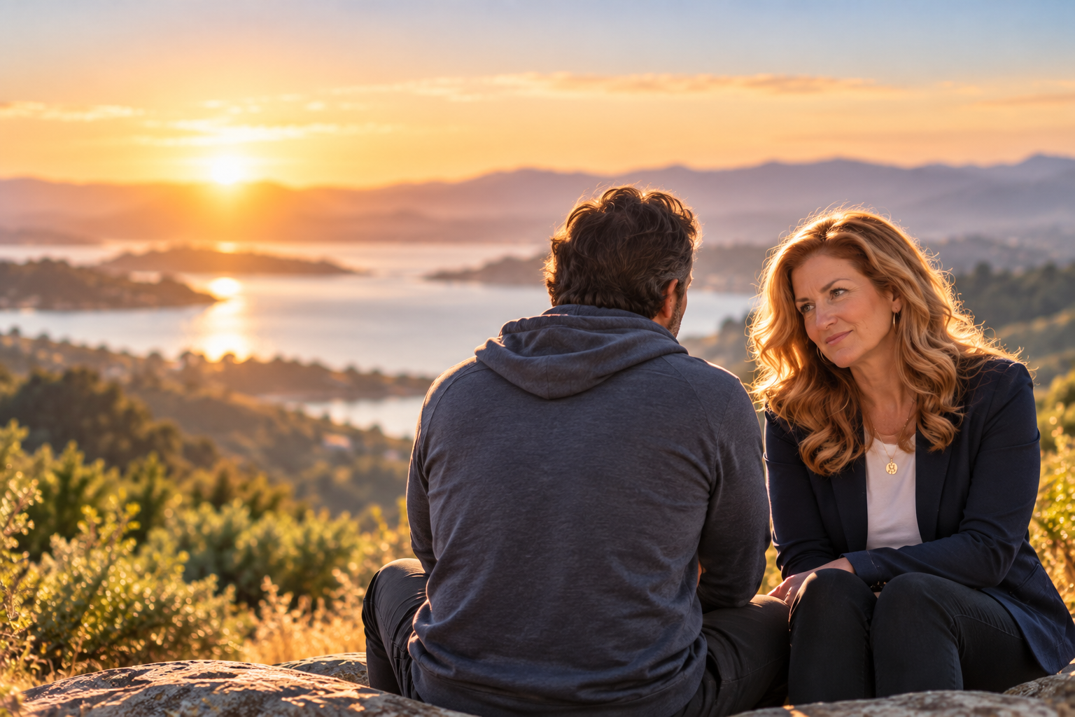 A man and woman sitting outdoors on a rock at sunset, overlooking a landscape with water and mountains in the distance.