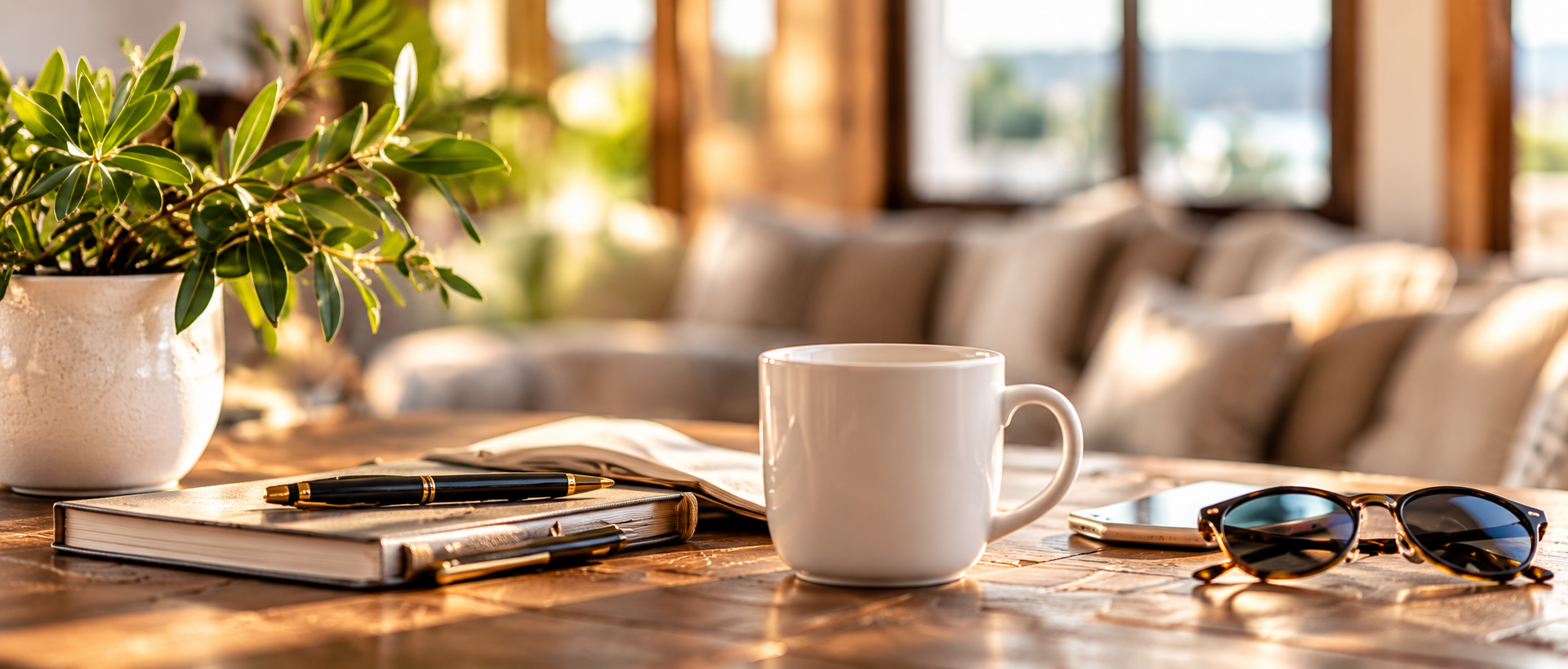 A table in a sunlit room with a potted plant, open notebook with pens, a white coffee mug, sunglasses, and a smartphone, with a cozy seating area and windows in the background.