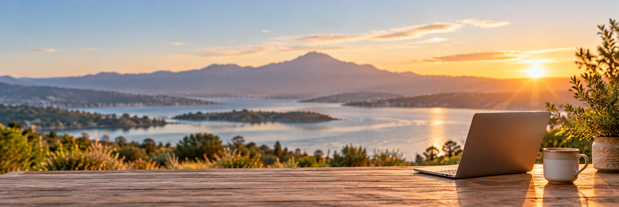 A laptop and a coffee mug on a wooden table overlooking a sunset over a large lake with mountains in the background.
