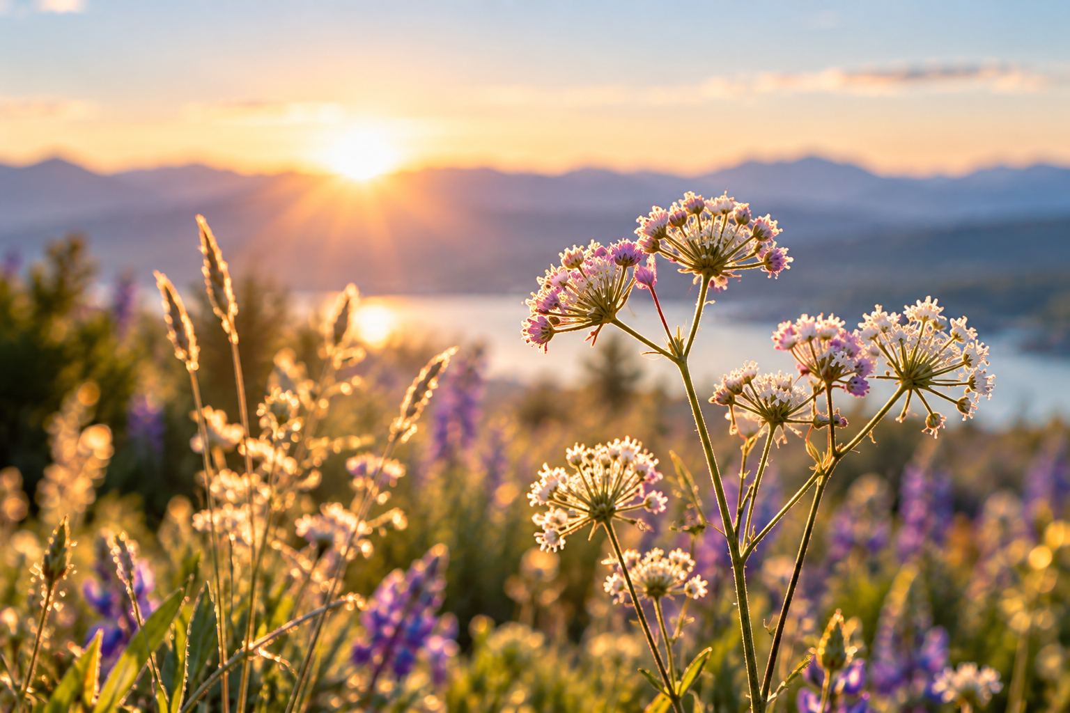 Wildflowers blooming on a hillside during sunset with mountains and a body of water in the background.