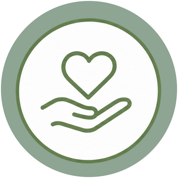 Line drawing of a hand holding a heart within a circle, symbolizing care or support.