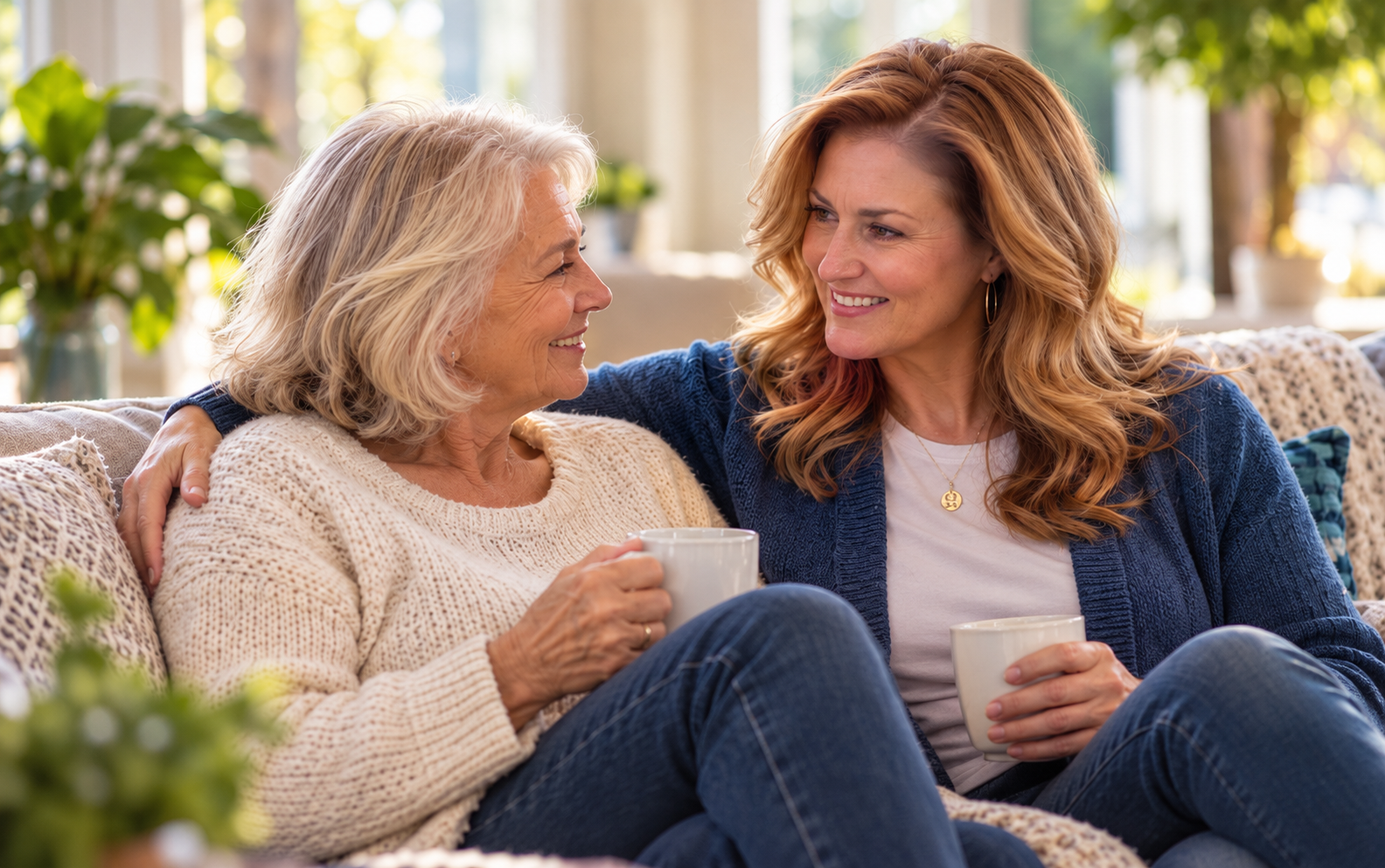 Two women sitting on a couch, smiling and enjoying coffee together, with a cozy and bright living room in the background.