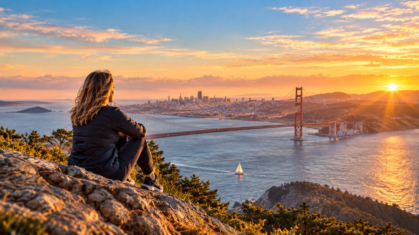 Woman sitting on a rocky hill overlooking San Francisco Bay at sunset, with the Golden Gate Bridge in view.