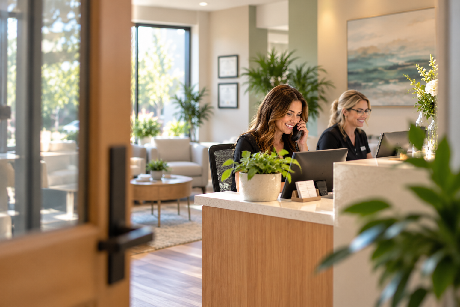 Two women working at a reception desk in a bright, modern office or hotel lobby, surrounded by green plants and artwork.