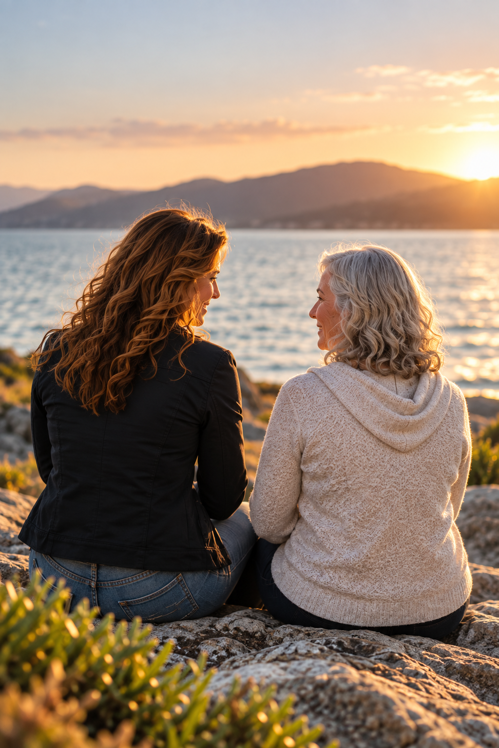 Two women sitting on rocks near water, watching sunset and smiling at each other.