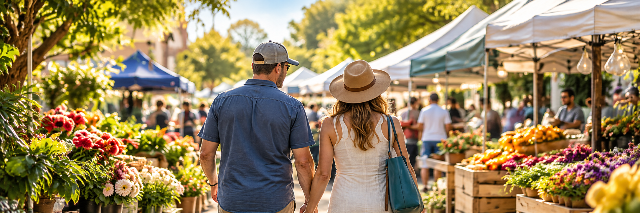 A couple walking through an outdoor farmer's market with flower stalls and tents, trees, and people shopping on a sunny day.