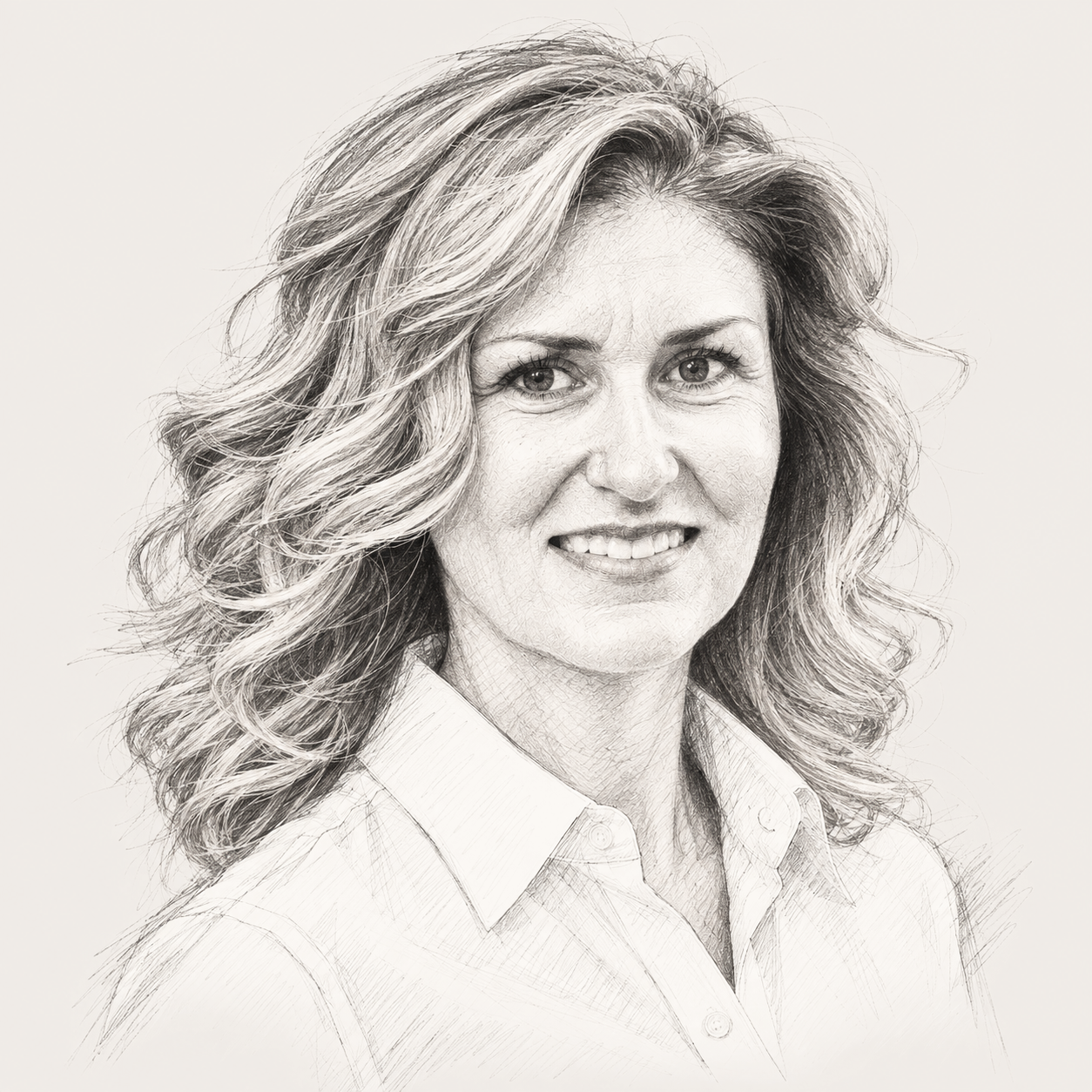 Black and white portrait of a woman with curly hair wearing a collared shirt, smiling gently.