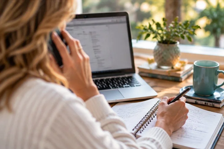 Person talking on a mobile phone at a desk with a laptop, notebook, pen, plant, stack of books, and a mug.