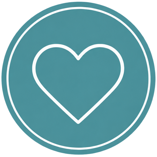 A circular teal icon with a white heart outline inside.