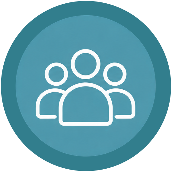Icon of three people representing a group or team, with a circular blue background.