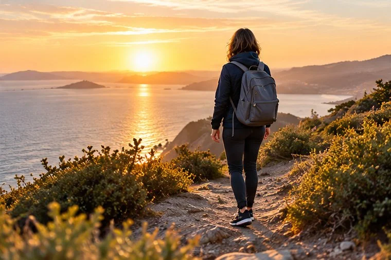 Person with a backpack walking along a coastal trail at sunset, overlooking the ocean and rugged hills.
