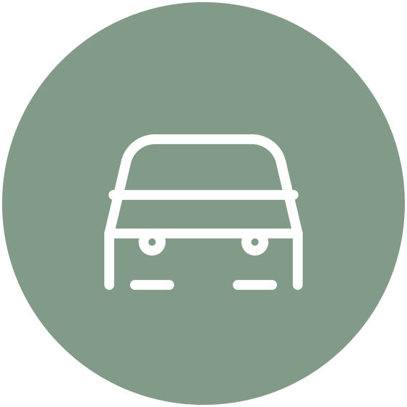 Icon of the front view of a car on a green circular background.