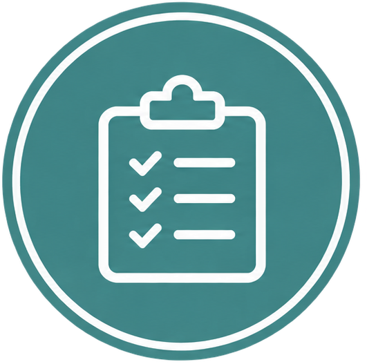 Icon of a clipboard with checklist and three checkmarks inside a circular badge