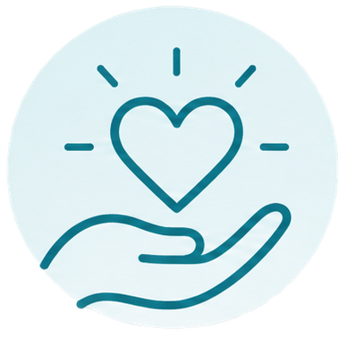 A hand holding a heart with radiating lines indicating love or care.