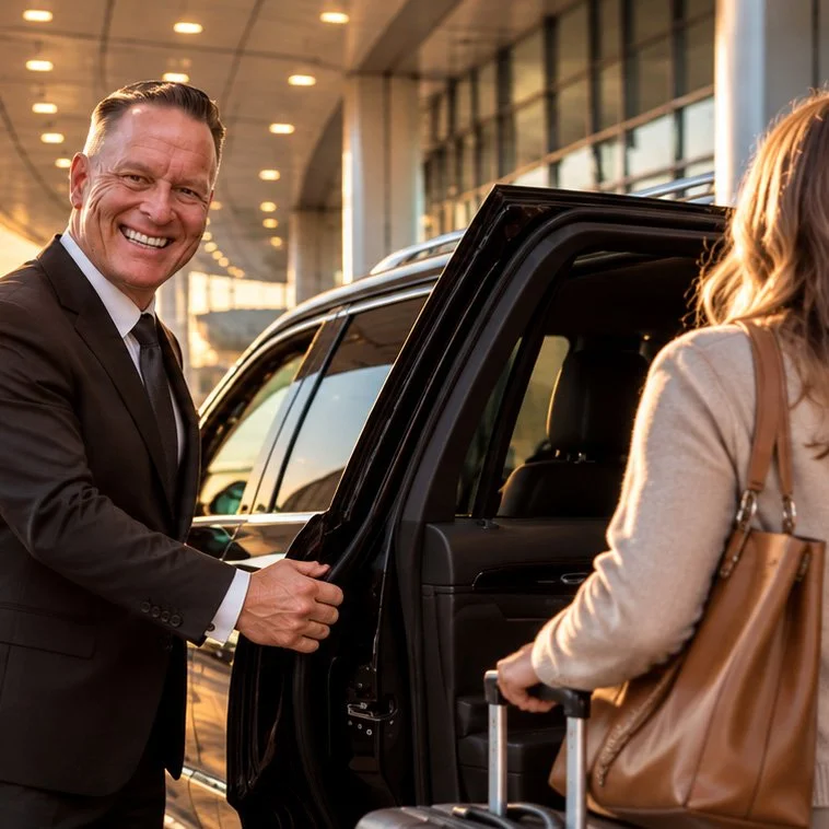 A man in a suit smiling as he opens the car door for a woman with a rolling suitcase outside an airport or hotel.