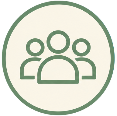 Icon of three people, representing a group or community, on a circular background.
