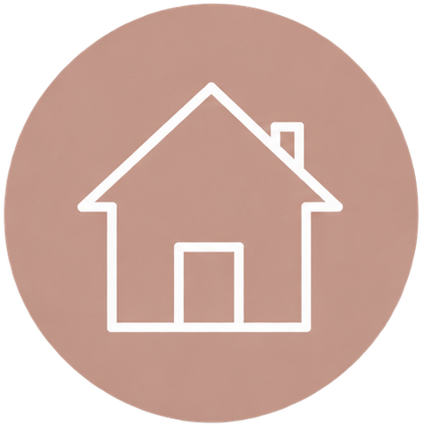 Icon of a house with a chimney on a pink circular background.