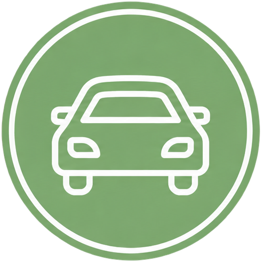 Green circular sign with a white outline of a car in the center.