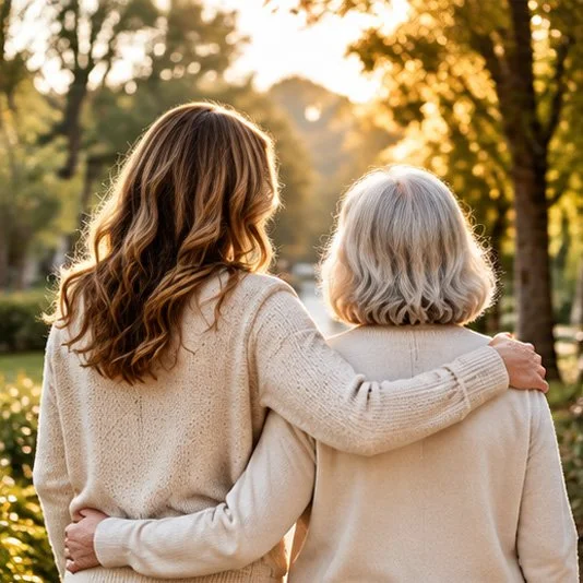 Two women, one younger and one older, standing outdoors at sunset with their arms around each other, enjoying a peaceful moment in a park.