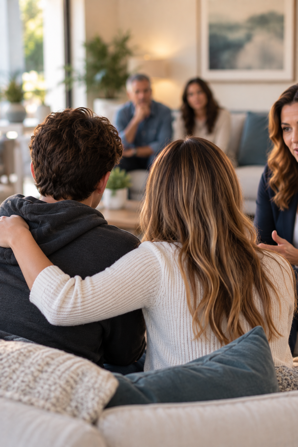 A group of people sitting close together in a living room, engaging in a heartfelt conversation, with a focus on a couple embracing and an empathetic woman talking to them.