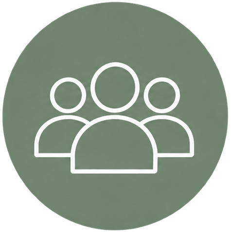 Icon of three people representing a group or team on a green circular background.