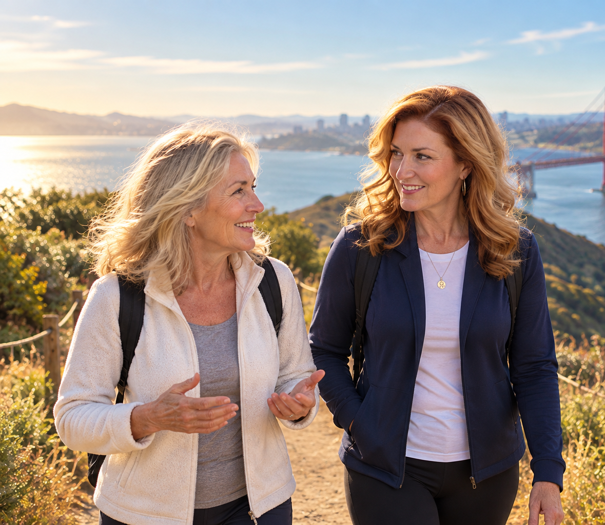 Two women walking outdoors near a body of water with a bridge in the background, smiling and chatting during daytime.