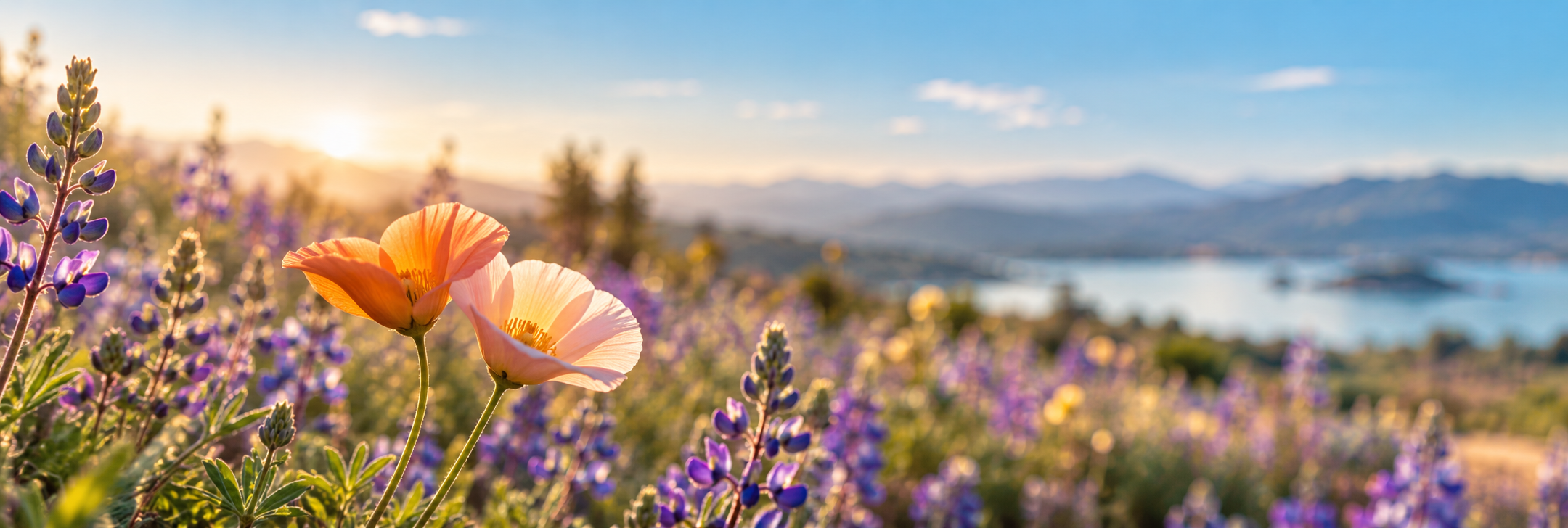 A field of flowers with purple and orange blossoms, with mountains and a body of water in the background, under a setting sun.