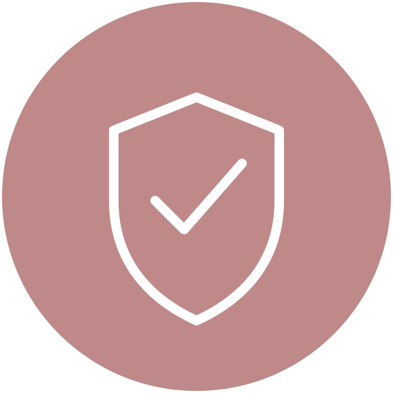 Icon of a shield with a checkmark inside, on a pink circular background.