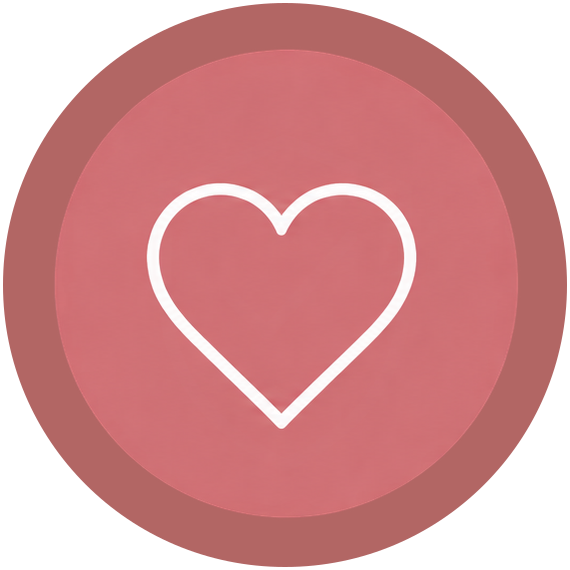 Pink circular button with a white outline heart in the center.