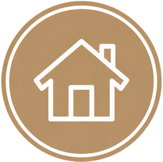 Icon of a house inside a circle with a brown background and white outline.