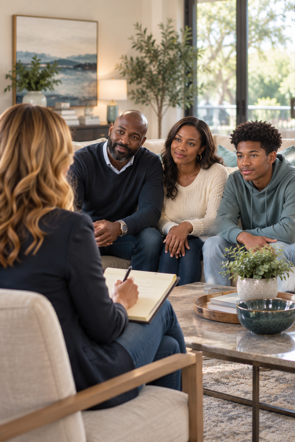 A diverse family of four sitting on a sofa during a therapy session with a therapist taking notes.