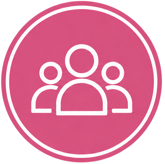 Pink circular icon with white outline of three people, representing a group or community.