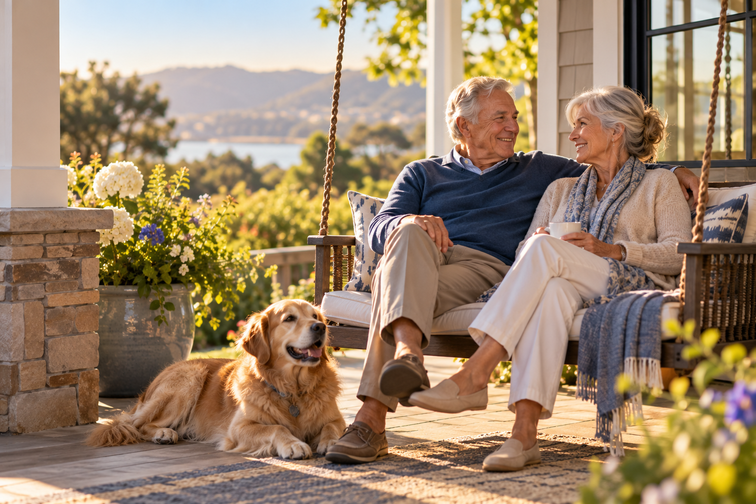 An elderly couple sitting on a porch swing, smiling and chatting, with a golden retriever lying beside them and a scenic landscape in the background.