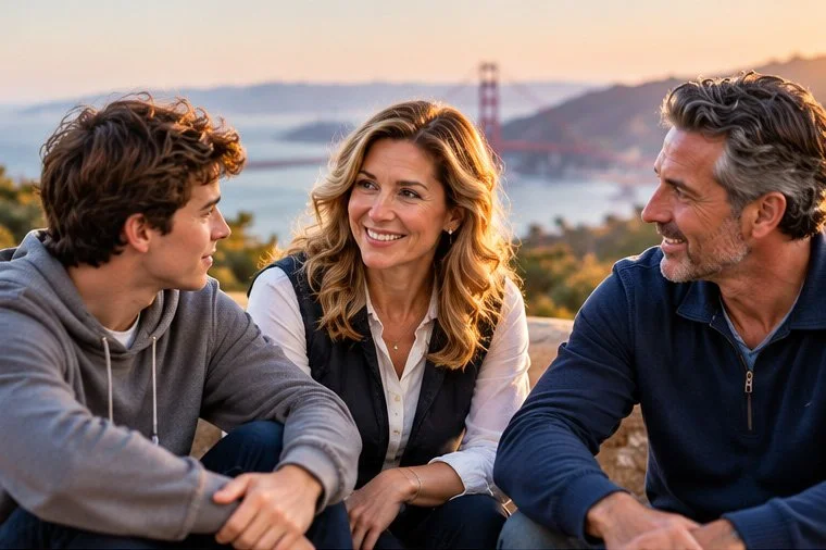 Three people, a woman and two men, talking and smiling outdoors near a body of water with a bridge in the background during sunset.