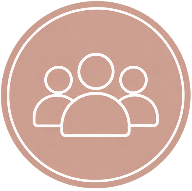 Icon of three people inside a circle on a pink background.