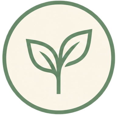 A circular logo with a green leaf symbol in the center.