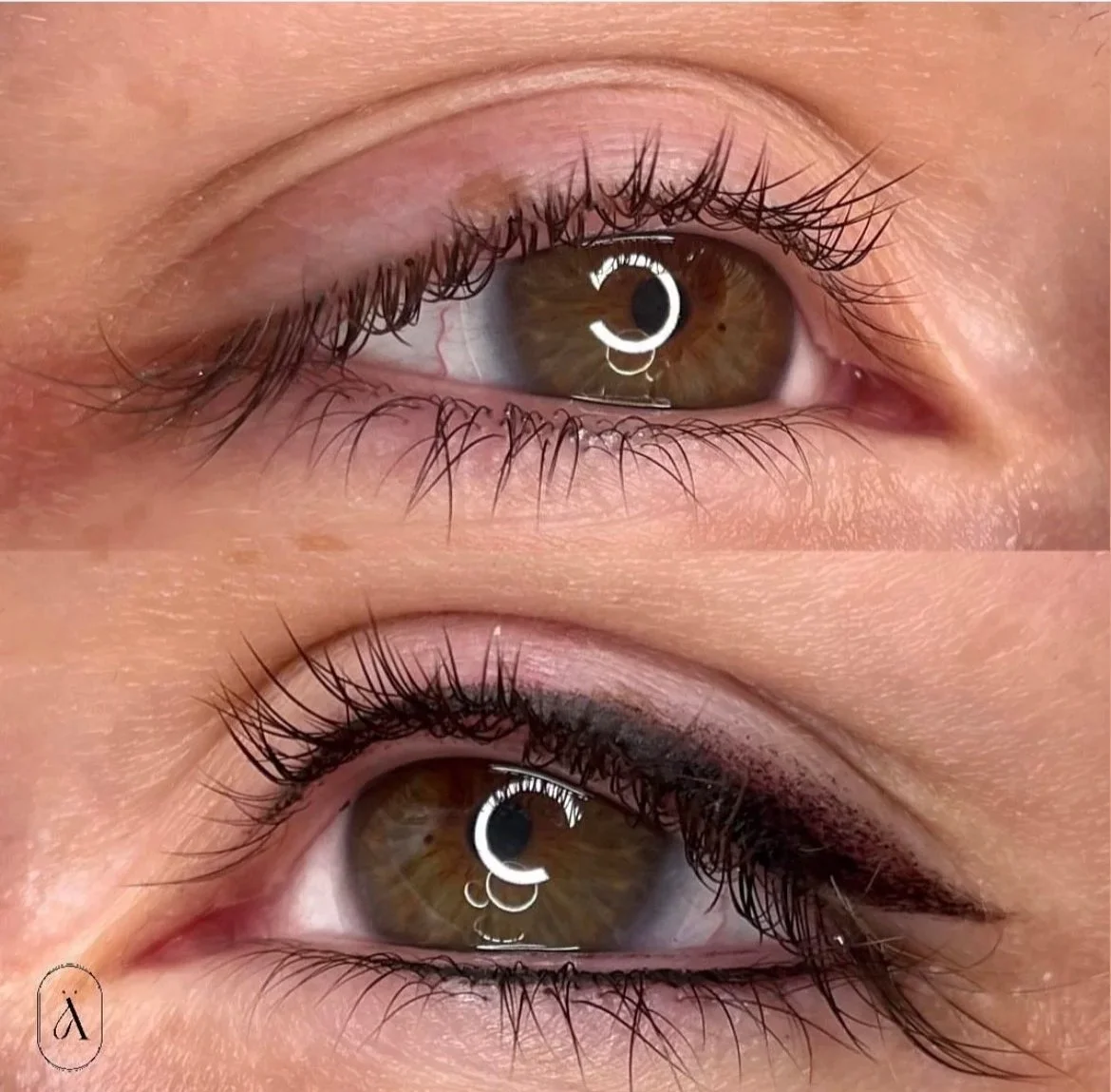 Close-up eines menschlichen Auges, oben ohne Make-up, unten mit schwarzem Eyeliner. Die Iris ist braun, die Wimpern sind lang und gelockt, und es gibt ein auffälliges, zierliches Make-up um das Auge.