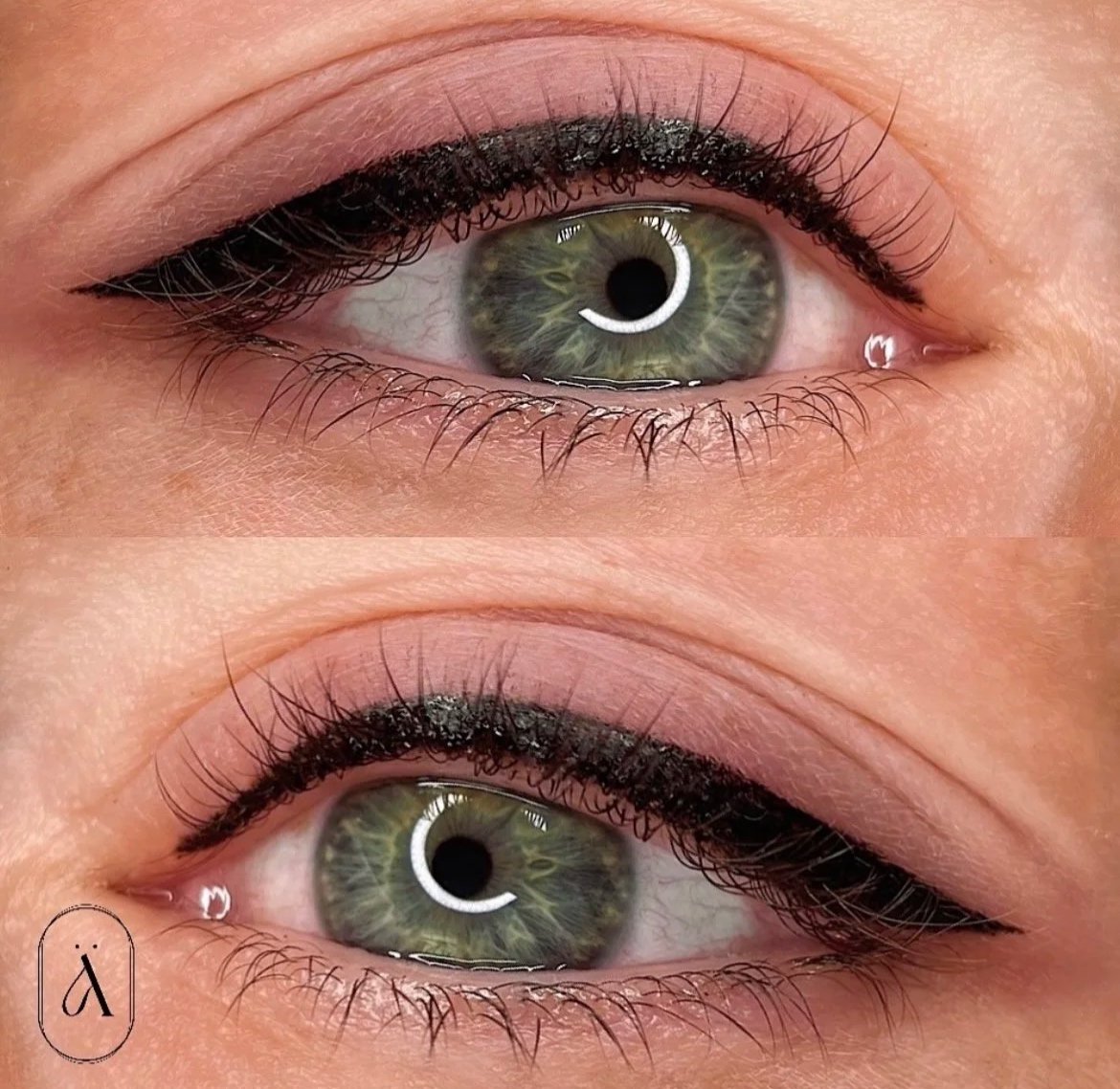 Nahaufnahme von zwei grünen menschlichen Augen, die mit dunklem Eyeliner betont sind.