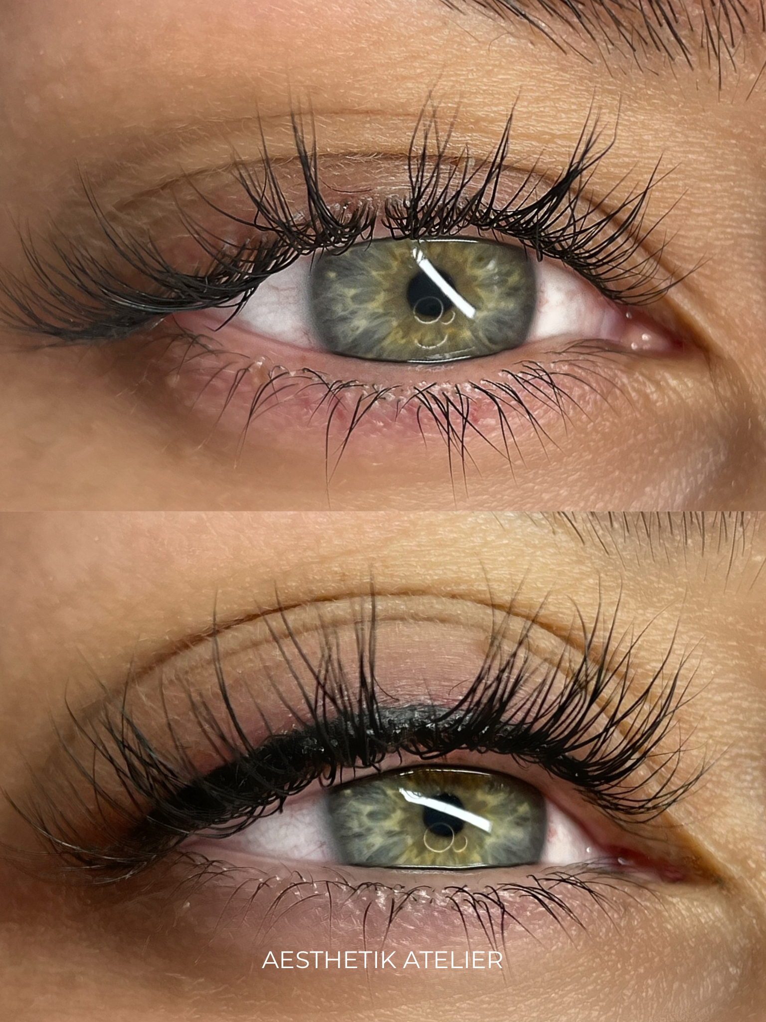 Nahaufnahme eines menschlichen Auges mit langen, schwarzen Wimpern, grüner Iris und reflektierendem Licht. Text am unteren Bildrand: 'AESTHETIK ATELIER'.