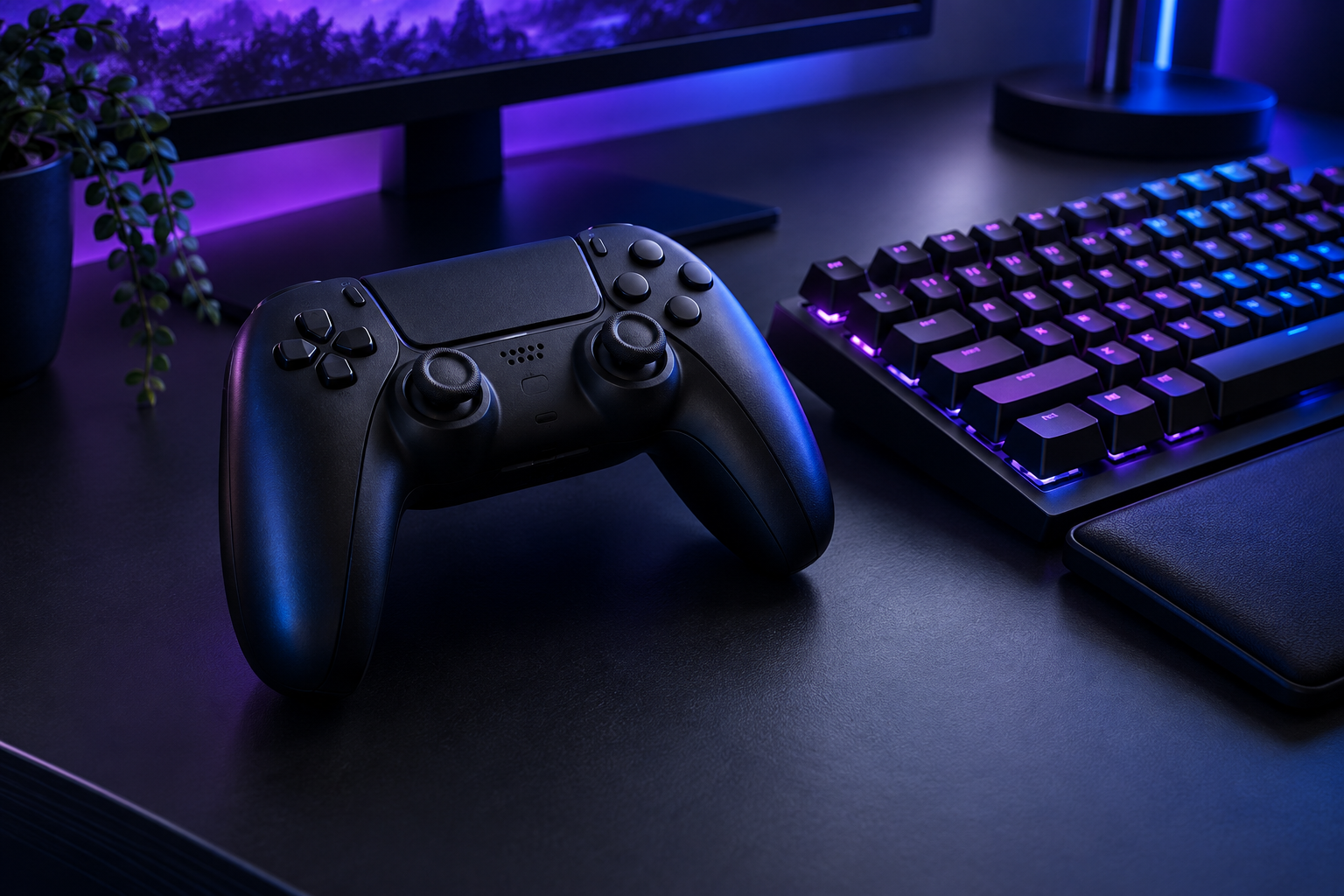 AI-created gaming controller and keyboard illuminated by purple and blue lighting